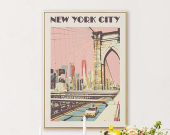 New York Wall Art, Retro NYC Poster, Vintage Brooklyn Bridge Print, New York City Dorm Decor, Cityscape, US Landmark art, gift for NYC lover