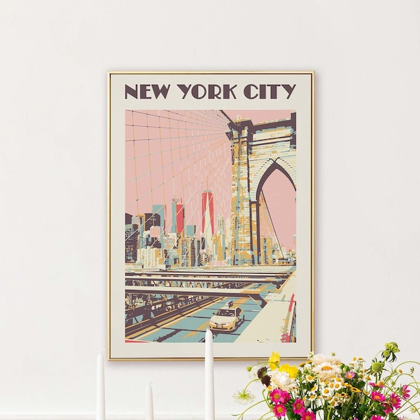 New York Wall Art, Retro NYC Poster, Vintage Brooklyn Bridge Print, New York City Dorm Decor, Cityscape, US Landmark art, gift for NYC lover