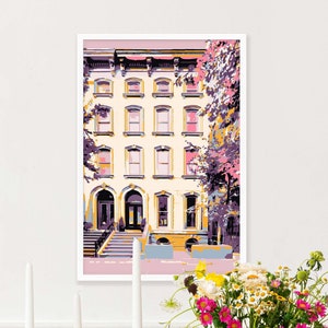 Sztuka ścienna w Nowym Jorku, plakat retro NYC, wydruk z Brooklynu, dekoracja ścienna Brownstone, krajobraz miasta, wydruk architektoniczny, prezent dla miłośnika NYC