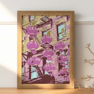 Impresión del barrio chino de Nueva York, póster de Nueva York, arte pop, arte urbano, impresión artística del Año Nuevo Chino, póster de faroles chinos, escalera de incendios de Nueva York