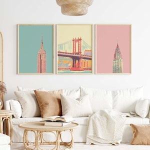 Arte mural de Nueva York, impresión de la ciudad de Nueva York, conjunto de 3 impresiones artísticas de Nueva York, Empire State, impresión del Chrysler Building, puente de Brooklyn, rosa azul pastel