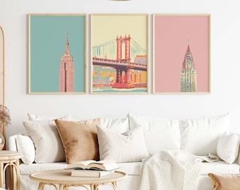 New York City Print, New York City Print, 3er Set NYC Art Prints, Empire State, Chrysler Building Print, Brooklyn Bridge, Pink Blau Pastell