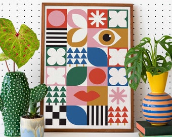 Impression d'art géométrique colorée : formes abstraites ludiques