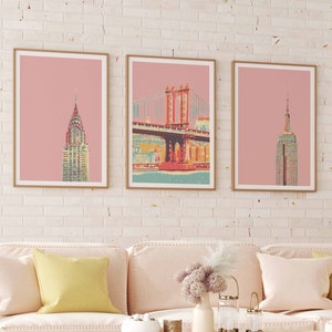 Póster de Nueva York, conjunto de 3 impresiones, arte mural grande, arte mural de 3 piezas, arte mural vintage, Empire State, impresión del Chrysler Building, puente de Brooklyn