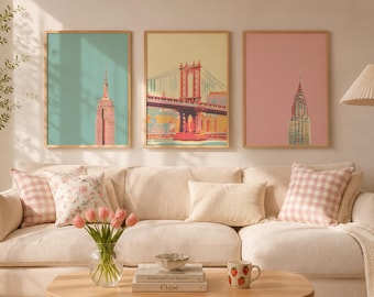 NYC Art Prints: Empire State, Chrysler, Brooklyn Bridge, Pastel Set