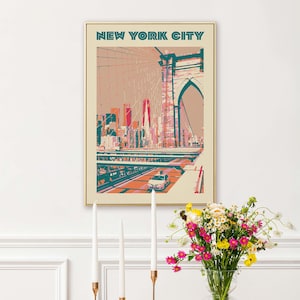 Plakat retro NYC, wydruk sztuki podróżniczej w stylu vintage, wydruk mostu Brooklińskiego, plakat z Nowym Jorkiem, pejzaż miejski, wydruk zabytku USA, prezent dla miłośnika NYC,