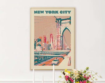 Retro NYC Poster, Vintage Reise Kunstdruck, Brooklyn Bridge Druck, New York City Poster, Stadtbild, US Wahrzeichen Druck, Geschenk für NYC Liebhaber,