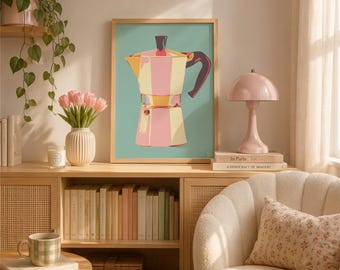 Retro Moka Pot Art Print: Italian Coffee Maker Kitchen Decor