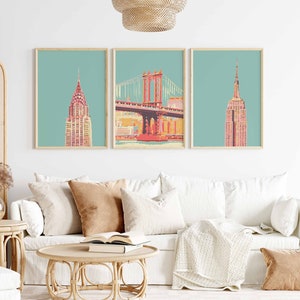 Arte mural de Nueva York, juego de 3 láminas artísticas de Nueva York, póster retro de Nueva York, lámina del Empire State Building, lámina del Chrysler Building, lámina del puente de Brooklyn