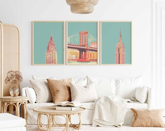 Retro NYC Art Prints: Empire State, Chrysler, Brooklyn Bridge - Set of 3