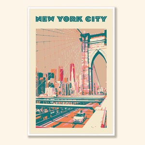 May include: A retro-style illustration of the Brooklyn Bridge in New York City. The bridge is depicted in shades of teal, pink, and orange, with a car driving across the bridge.