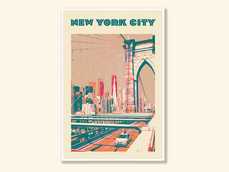 May include: A retro-style illustration of the Brooklyn Bridge in New York City. The bridge is depicted in shades of teal, pink, and orange, with a car driving across the bridge.