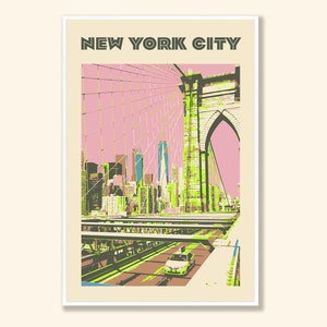 May include: A retro-style illustration of the Brooklyn Bridge in New York City. The bridge is depicted in shades of green and brown, with a pink sky in the background. A yellow taxi cab is driving across the bridge.