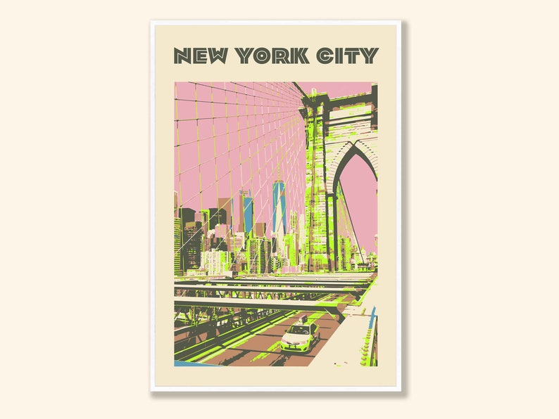 May include: A retro-style illustration of the Brooklyn Bridge in New York City. The bridge is depicted in shades of green and brown, with a pink sky in the background. A yellow taxi cab is driving across the bridge.