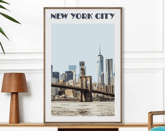 New York Wall Art, Retro NYC Poster, Vintage Brooklyn Bridge Print, New York City Dorm Decor, Cityscape, US Landmark art, gift for NYC lover