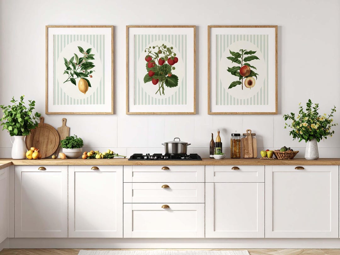 kitchen print set of 2 fruit print vegetable print... Summer Fruit Kitchen Prints | Vintage Botanical Giclée Set - Etsy