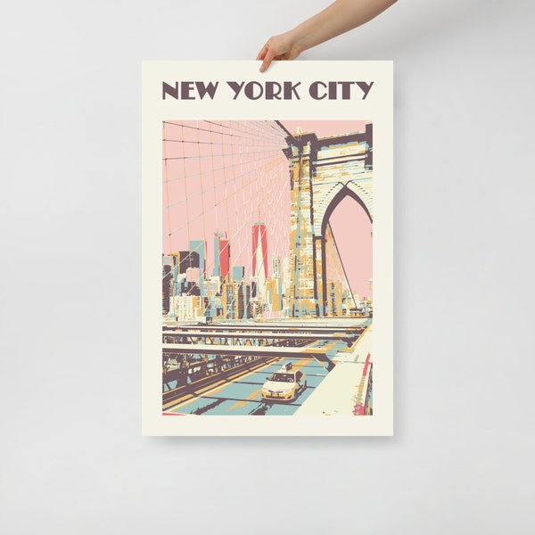 New York Poster, Retro NYC Wall Art, Vintage Brooklyn Bridge Print, New York City Dorm Decor, Cityscape, US Landmark art, gift for NYC lover