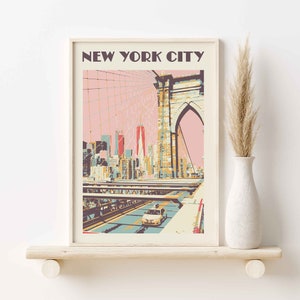 Plakat z Nowego Jorku, plakat retro z Nowego Jorku, wydruk z mostem brooklińskim w stylu vintage, wystrój akademika w Nowym Jorku, krajobraz miejski, sztuka charakterystyczna dla USA, prezent dla miłośnika Nowego Jorku