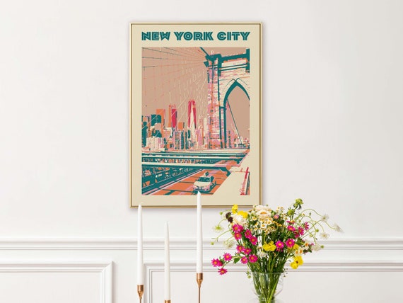 Retro Brooklyn Bridge Art Print: Vintage NYC Travel Poster