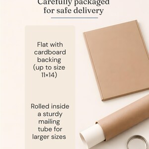 A tan cardboard mailer and a tan mailing tube with a white paper roll inside. Text reads: Carefully packaged for safe delivery, Flat with cardboard backing (up to size 11x14), Rolled inside a sturdy mailing tube for larger sizes.