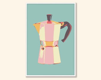Retro Italian Coffee Maker Art Print: Vegan Kitchen Decor