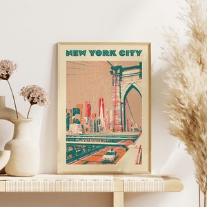 May include: A vintage-style poster with the text "NEW YORK CITY" in teal and white lettering. The poster features a colorful illustration of the Brooklyn Bridge with the New York City skyline in the background.