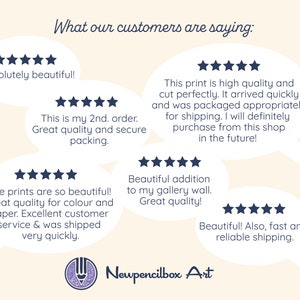 May include: Five customer reviews with five stars each, praising the quality and service of Newpencilbox Art. The reviews highlight the high quality of the prints, the secure packaging, and the fast and reliable shipping.