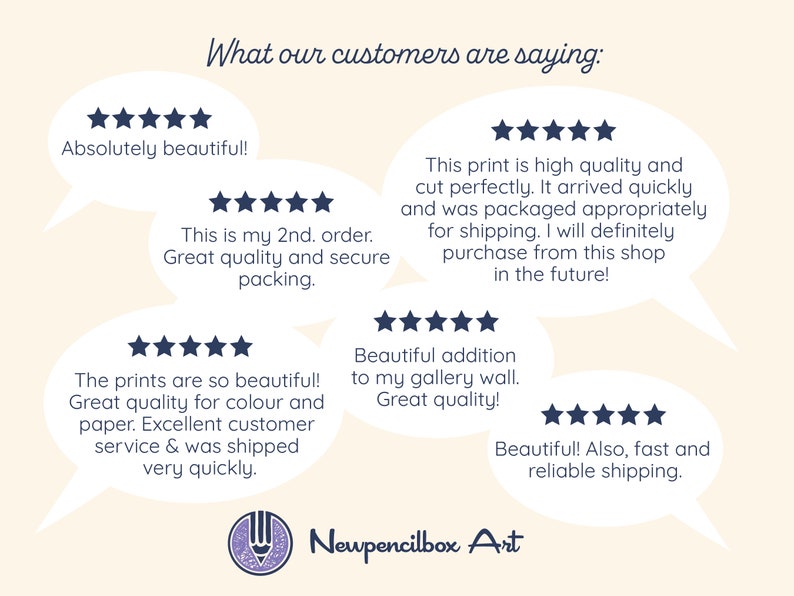May include: Five customer reviews with five stars each, praising the quality and service of Newpencilbox Art. The reviews highlight the high quality of the prints, the secure packaging, and the fast and reliable shipping.