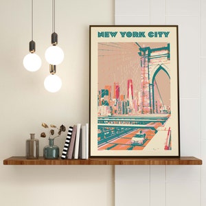 May include: A vintage-style poster with a teal and orange color scheme featuring a view of the Brooklyn Bridge in New York City. The poster has the text "NEW YORK CITY" at the top.