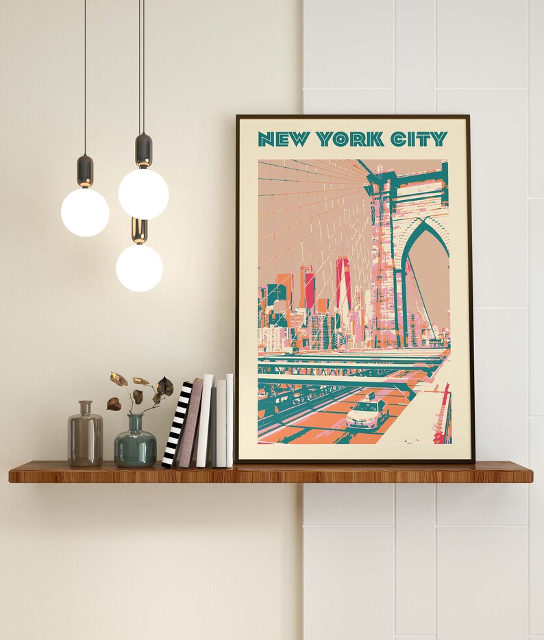 May include: A vintage-style poster with a teal and orange color scheme featuring a view of the Brooklyn Bridge in New York City. The poster has the text "NEW YORK CITY" at the top.