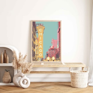 Poster retrò di Chicago, stampa artistica di viaggio, poster in stile vintage, stampa di Chicago, arte murale retrò, teatro di Chicago, regalo per vegani