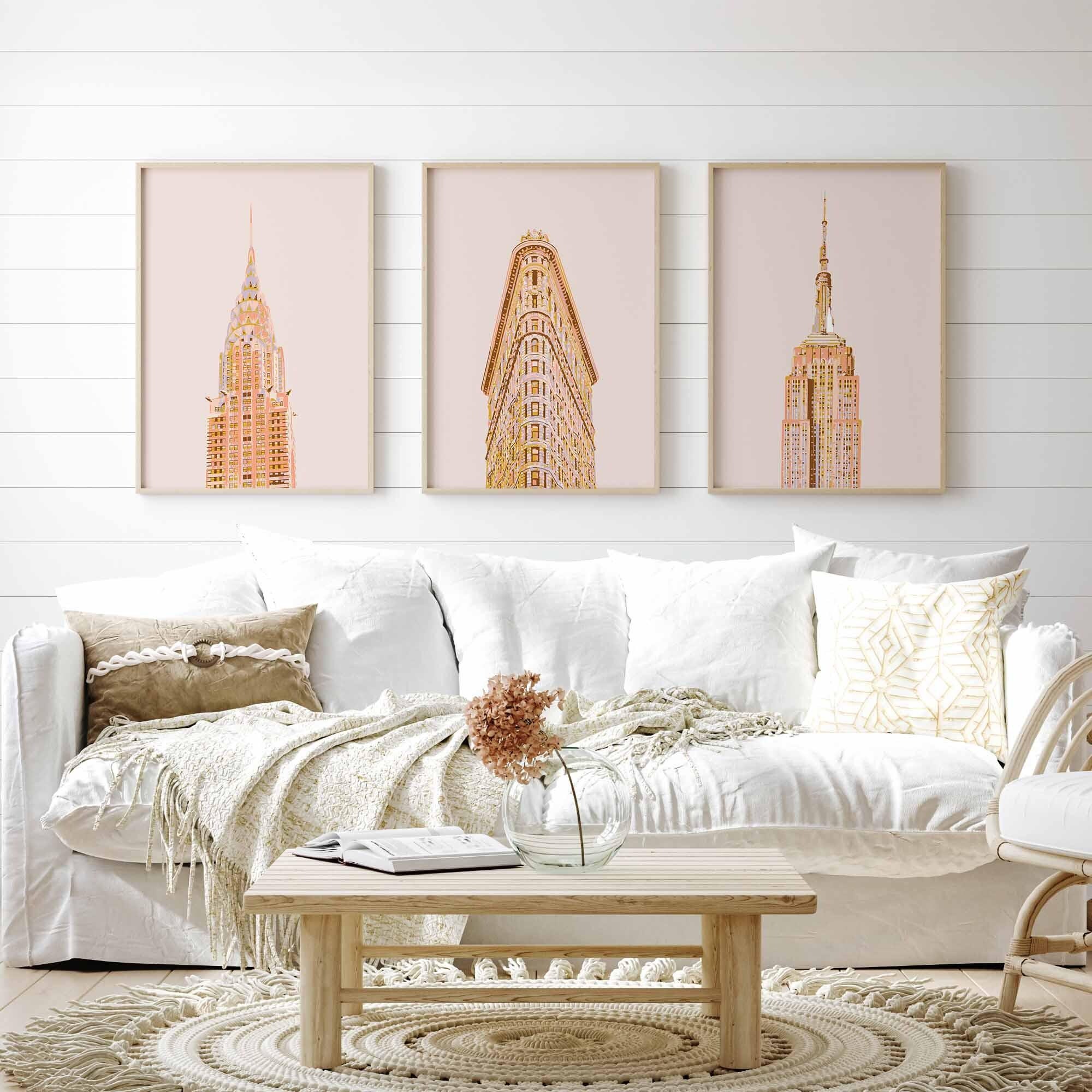 NYC Wahrzeichen Wandkunst, 3-teiliges Set New York Prints, NYC Poster, 3-teilige Wandkunst, Empire State, Chrysler Building Druck, Flatiron Building