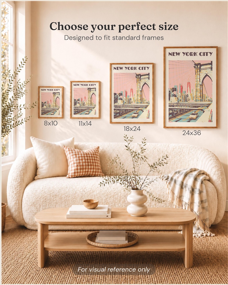 Four framed wall art prints of a New York City bridge scene in sizes 8x10, 11x14, 18x24, and 24x36 inches. The prints feature a pink sky, bridge architecture, and city traffic. Text above reads Choose your perfect size All sizes are frame-ready.