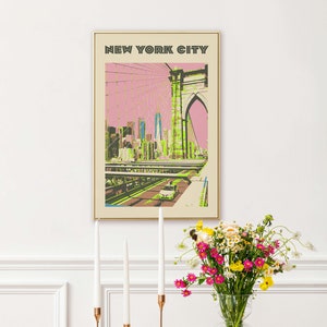 May include: A vintage-style poster with a pink and green color scheme featuring a view of the Brooklyn Bridge in New York City. The poster has the text "NEW YORK CITY" at the top.