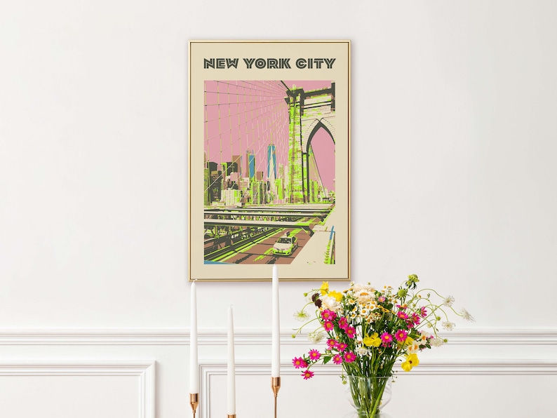 May include: A vintage-style poster with a pink and green color scheme featuring a view of the Brooklyn Bridge in New York City. The poster has the text "NEW YORK CITY" at the top.