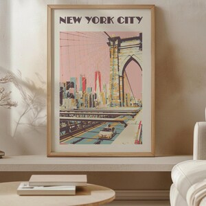 Brooklyn Bridge wall art in Scandinavian-inspired living room with neutral sofa and soft daylight.