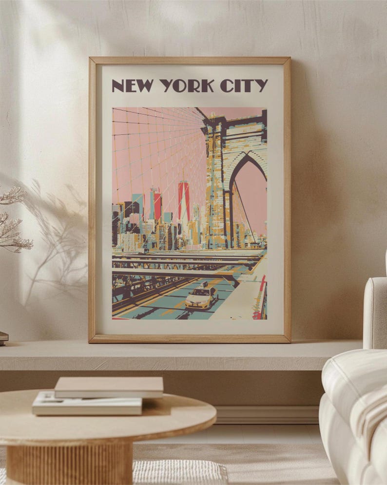 Brooklyn Bridge wall art in Scandinavian-inspired living room with neutral sofa and soft daylight.