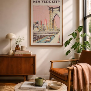 New York City travel poster displayed in a warm mid-century modern living room featuring a walnut credenza, vintage-inspired leather lounge chair, marble coffee table, natural sunlight, and indoor plants. Stylish urban apartment decor with Scandinavian influences, cozy designer styling, and a sophisticated feminine aesthetic perfect for modern home decorating and gallery wall inspiration.