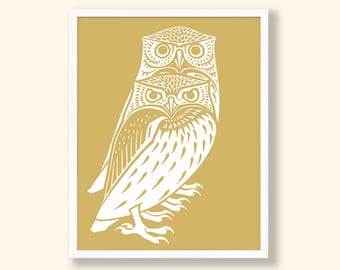 Owl Giclée Print: Black and White Pastel Bird Art