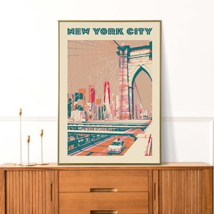 May include: A vintage-style poster with the text "NEW YORK CITY" in teal and white. The poster features a colorful illustration of the Brooklyn Bridge with a yellow taxi cab driving across it.