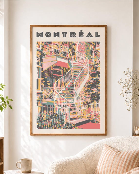 Montreal Staircase Art Print: Vintage Travel Poster, Retro Wall Decor