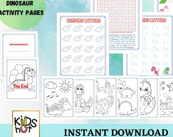 May include: A set of printable dinosaur activity pages for kids. The pages include coloring pages, tracing activities, a find-a-word puzzle, and a numbers and letters practice sheet. The pages are black and white and feature various dinosaur illustrations.