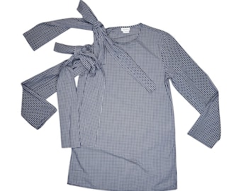 MISS SIXTY Black & White Gingham Karo Print Langarmbluse mit Schulterbändern | Größe S-M