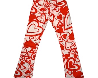 Vintage 2000er Jahre Moschino Mid-Rise Orange & Weiß Abstrakt Herz gemusterte Jeans | Grösse S