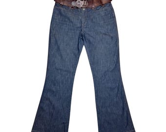 Jeans bootcut a vita bassa in denim di Ohdd by SAVE THE QUEEN, anni 2000, con cintura marrone con fibbia / Taglia S-M