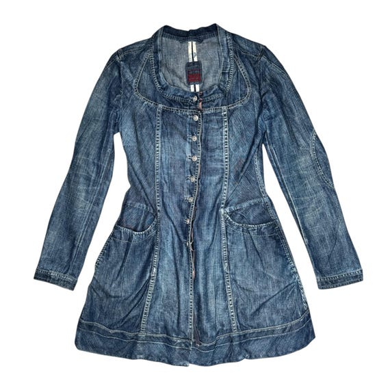 Marithé + François Girbaud, Vintage 2000s MARITHÉ + François GIRBAUD Long Lightweight Blue Denim Trench Jean Jacket | Size M