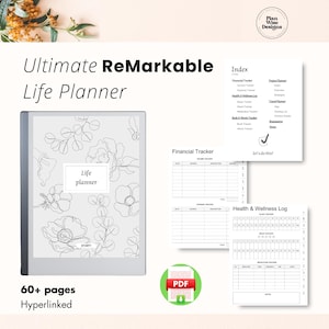 May include: A digital planner with a floral design on the cover. The planner is titled "Life Planner" and has a "Start!" button. The planner is 60+ pages and hyperlinked. The image also shows a PDF download icon and a sample page from the planner with a financial tracker.