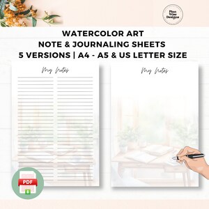 Op de afbeelding: Vijf afdrukbare aquarel notitie- en dagboekbladen in de formaten A4, A5 en US-brief. De bladen tonen een aquarel achtergrond van een raam met planten en een bureau met boeken. De tekst "Mijn notities" staat bovenaan elk blad.