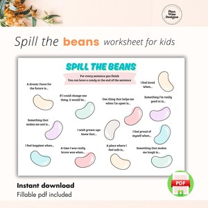 Op de afbeelding: Een printbaar werkblad voor kinderen genaamd "Spill the Beans". Het werkblad heeft een kleurrijk boonvormig ontwerp met prompts voor kinderen om te schrijven over hun gevoelens en ervaringen. Het werkblad is ontworpen om kinderen te helpen zichzelf te uiten en hun emoties te verkennen.