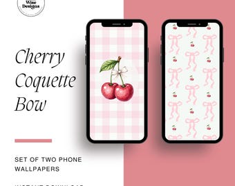Fondo de pantalla de teléfono de cereza y lazo: descarga digital estética linda (conjunto de 2 diseños, PNG) Fondo de pantalla femenino | Fondo de coqueta